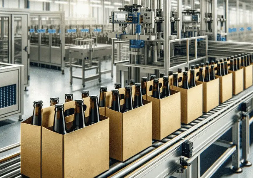 Automated production line with cardboard boxes of glass bottles in a modern beverage factory.
