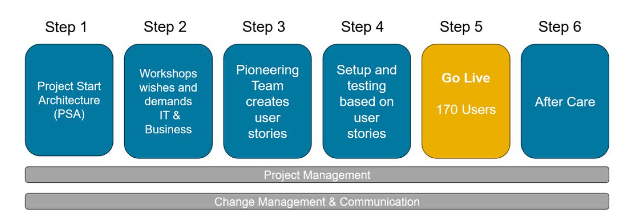 6-step project flowchart with support tracks; Step 5 (Go Live) highlighted in yellow.