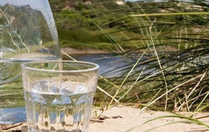 Glass and bottle of water on sand with grass and blurred nature in background.