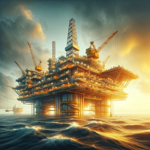 The image portrays an offshore oil platform standing tall amidst the ocean, bathed in the golden light of either sunrise or sunset.