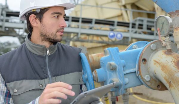 Maintenance engineer inspecting industrial equipment using a tablet in a plant environment.