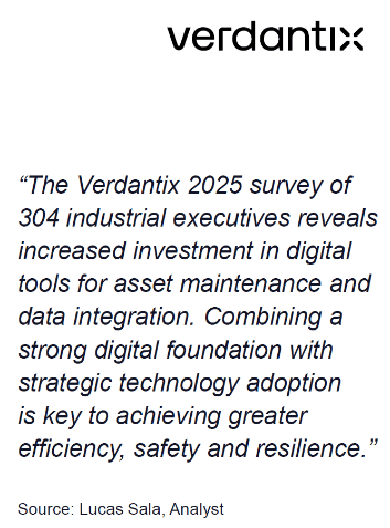 Verdantix quote from Lucas Sala on 2025 survey about digital asset maintenance trends.
