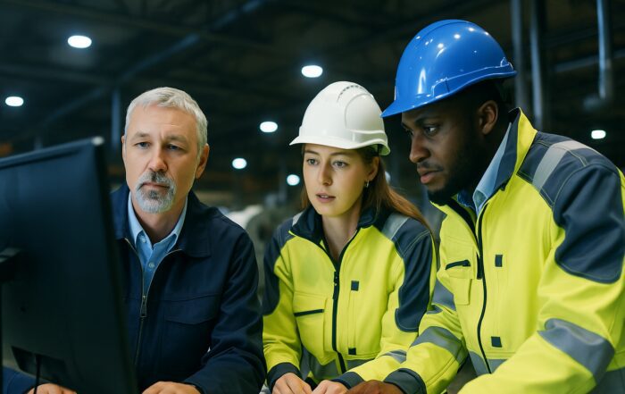 Engineers in safety helmets reviewing data on a computer screen in an industrial facility.