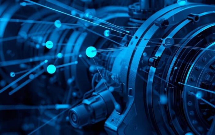 Root Cause Analysis (RCA) in maintenance – digital visualization of industrial machinery with predictive maintenance data points.