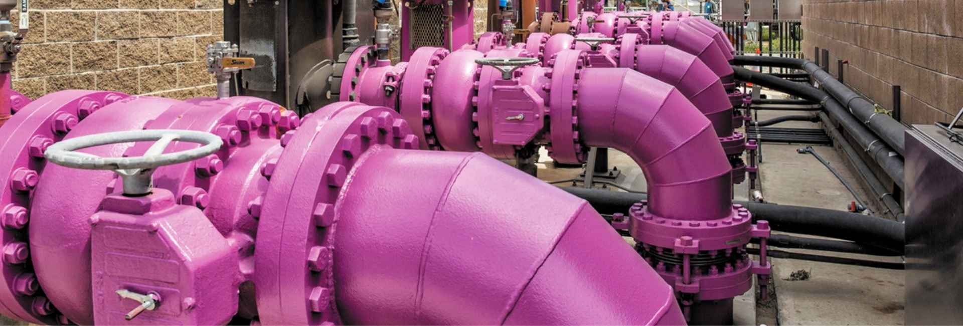 Industrial purple pipelines and valves in a water or utility facility