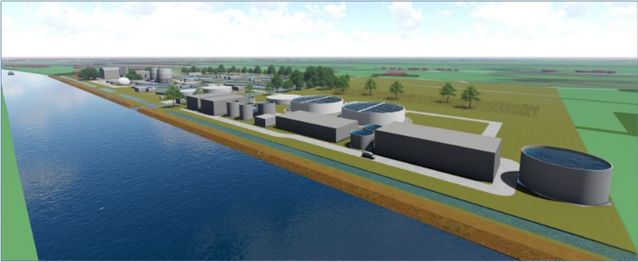 3D model of a waterfront industrial site with storage tanks and buildings.